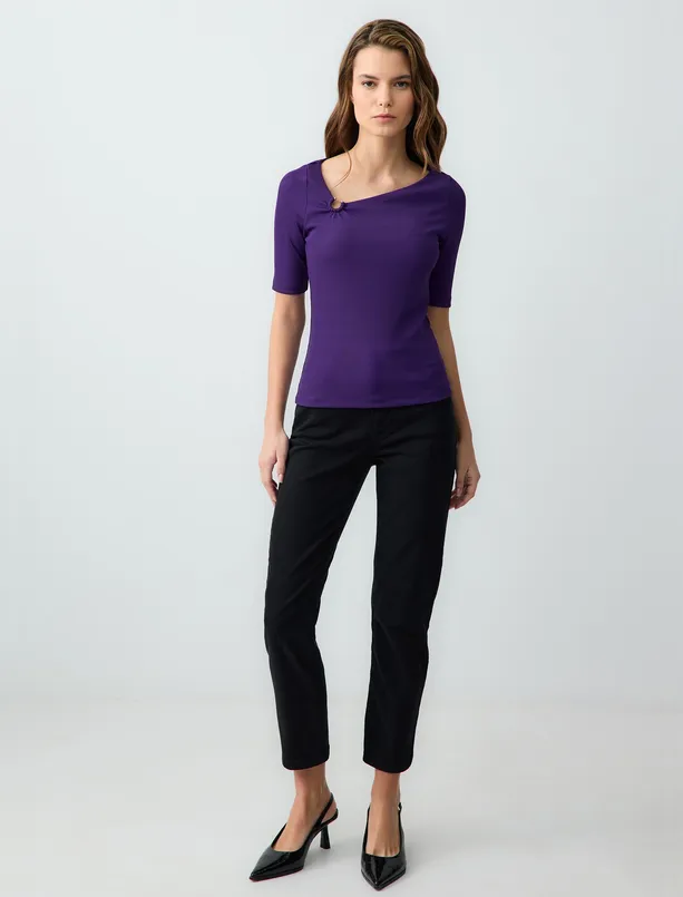 Women Purple Slim Fit Asymmetric Collar Short Sleeve Knitted Blouse