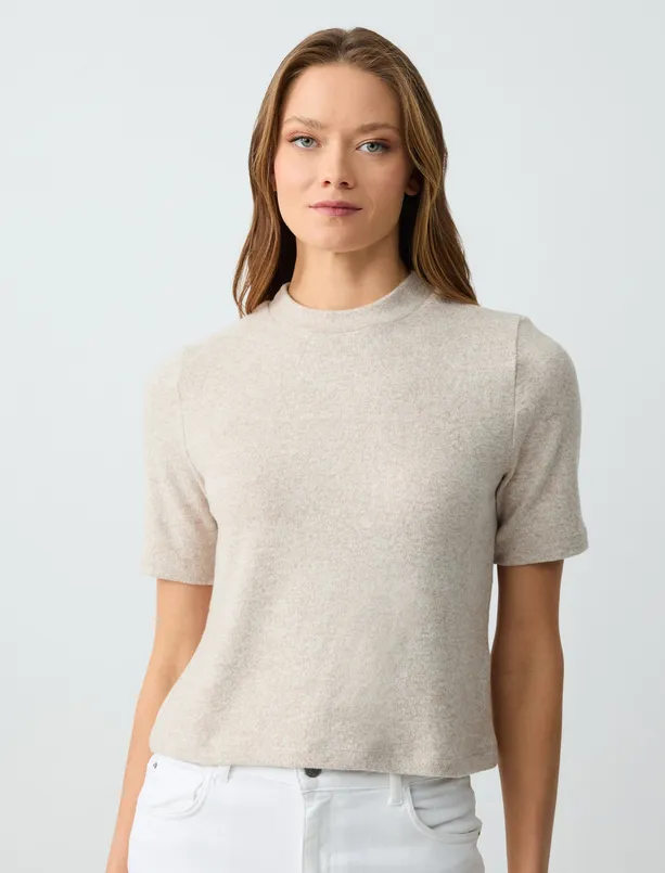 Women Beige Half Turtleneck Short Sleeve Relaxed Fit Knitted Blouse