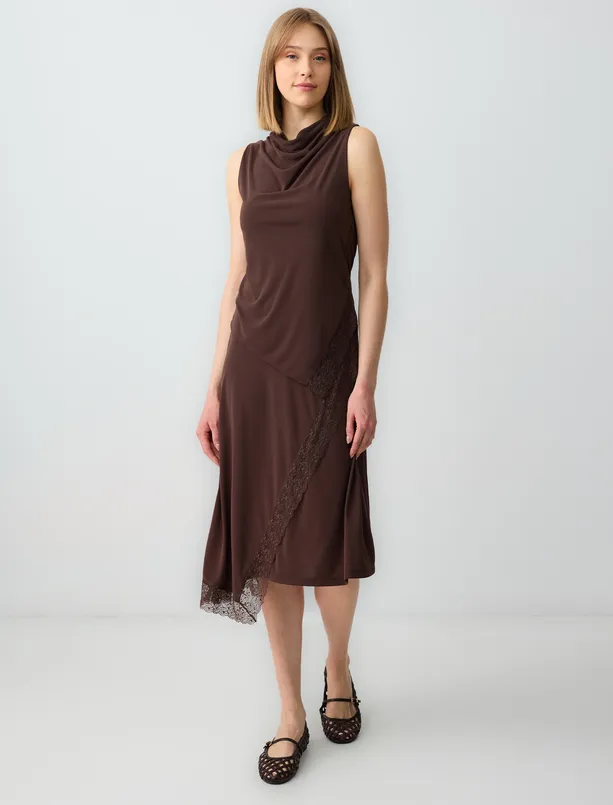Women Brown Draped Collar Sleeveless Knitted Blouse with Lace Detail
