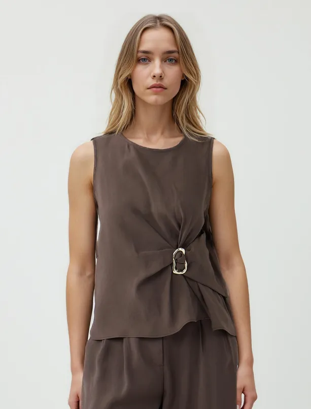 Women Brown Round Neck Sleeveless Woven Blouse