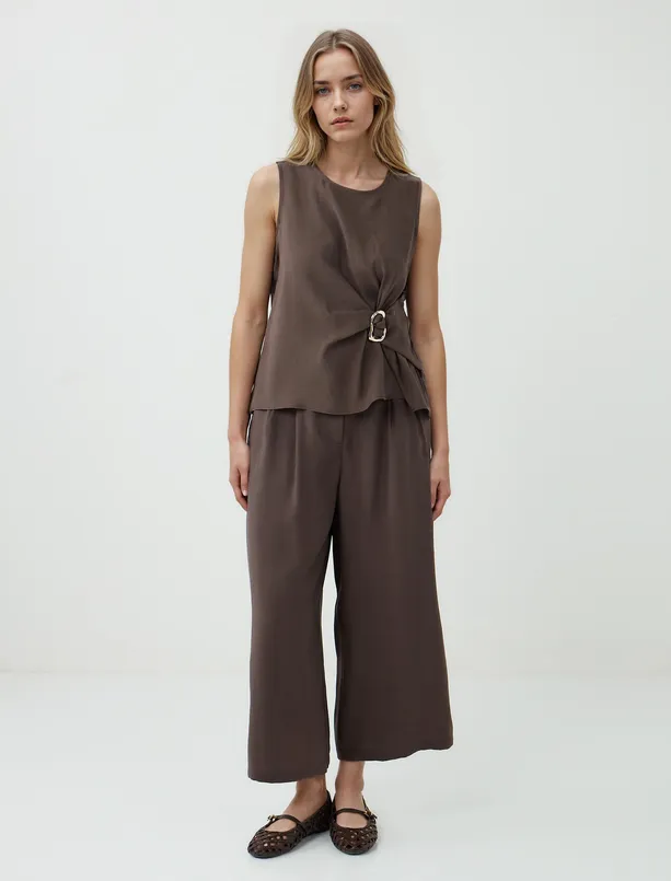 Women Brown Round Neck Sleeveless Woven Blouse
