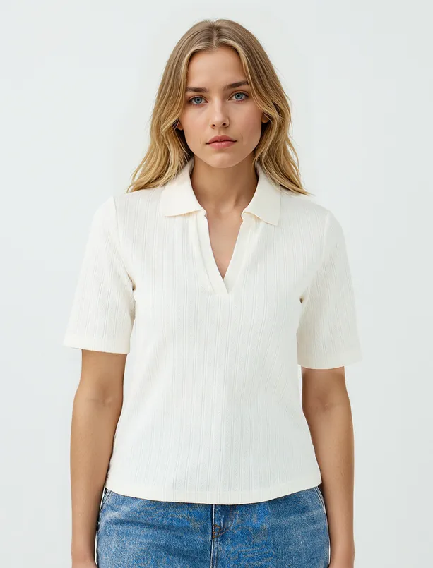 Women Ecru 100% Cotton Polo Collar Short Sleeve Knitted Blouse