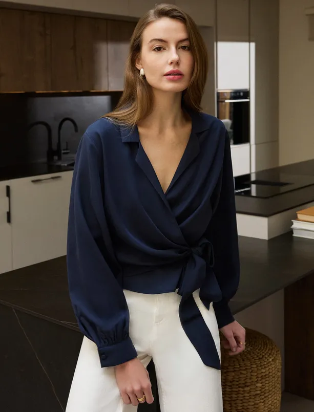 Women Dark Blue Relaxed Fit Long Sleeve Shirt Collar Woven Blouse