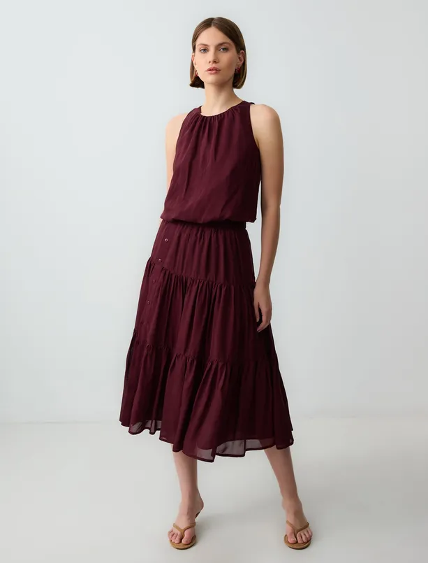 Women Claret Red Straight Cut Round Neck Sleeveless Woven Blouse