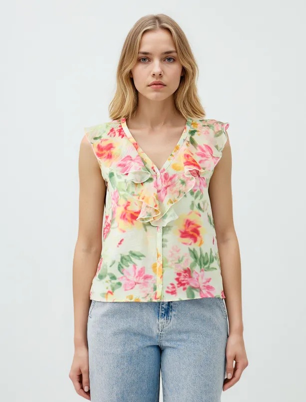 Women Ecru V Neck Sleeveless Floral Patterned Woven Blouse