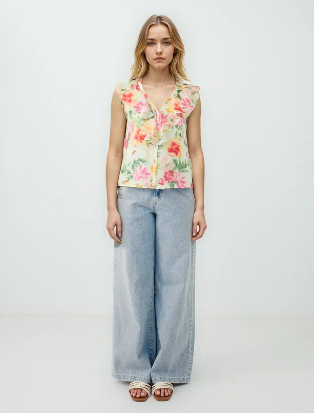 Women Ecru V Neck Sleeveless Floral Patterned Woven Blouse