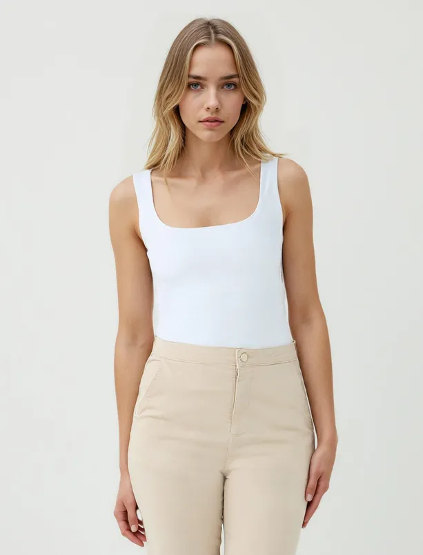Women White Slim Fit Square Neck Knitted Blouse with Straps