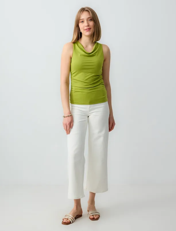 Women Oil Green Straight Cut Draped Collar Sleeveless Knitted Blouse