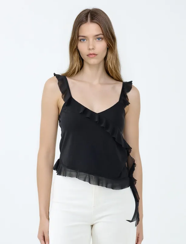 Women Black V-Neck Short Knitted Blouse with Narrow Cut Straps