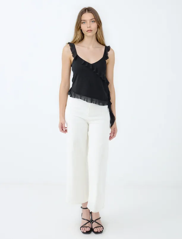 Women Black V-Neck Short Knitted Blouse with Narrow Cut Straps