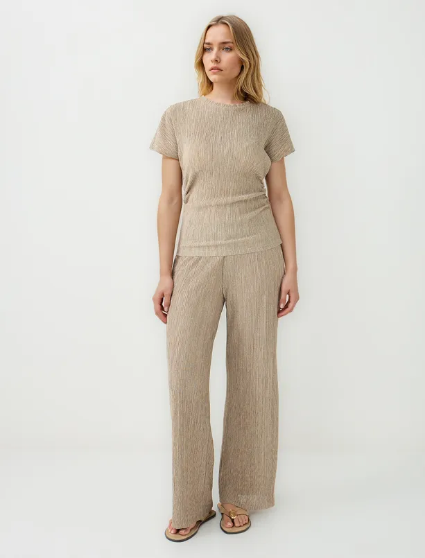 Women Beige Slim Fit Crew Neck Low Shoulder Knitted Blouse