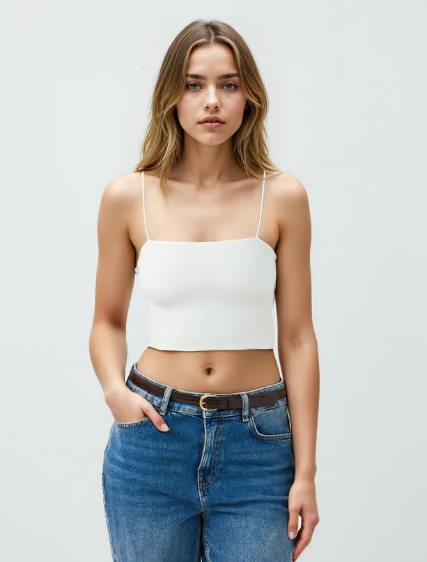 Bayan Beyaz Dar Kesim Askılı Açık Yaka Örme Bralet