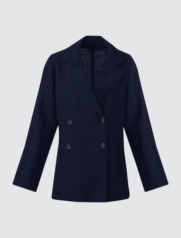 Women Dark Blue Straight Cut Shirt Collar Long Sleeve Woven Linen Jacket