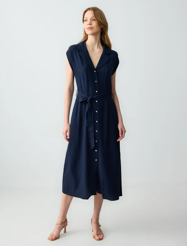 Women Dark Blue Straight Cut Short Sleeve Shirt Collar Linen Midi Dress