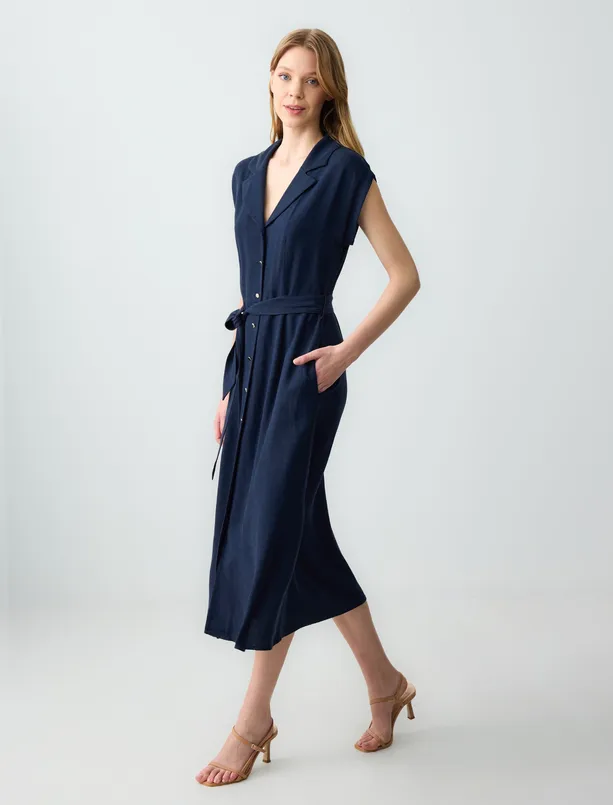 Women Dark Blue Straight Cut Short Sleeve Shirt Collar Linen Midi Dress