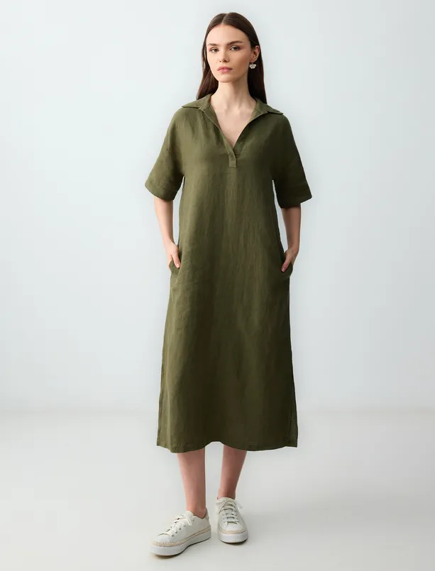 Women Haki Relaxed Fit Shirt Collar Short Sleeve Linen Midi Dress