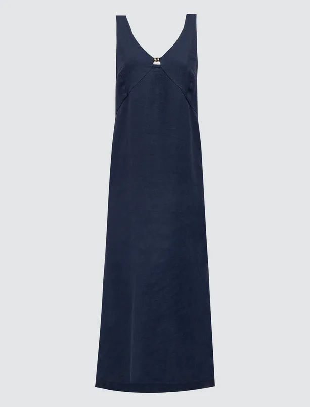 Women Dark Blue Relaxed Fit V Neck Sleeveless Linen Midi Dress