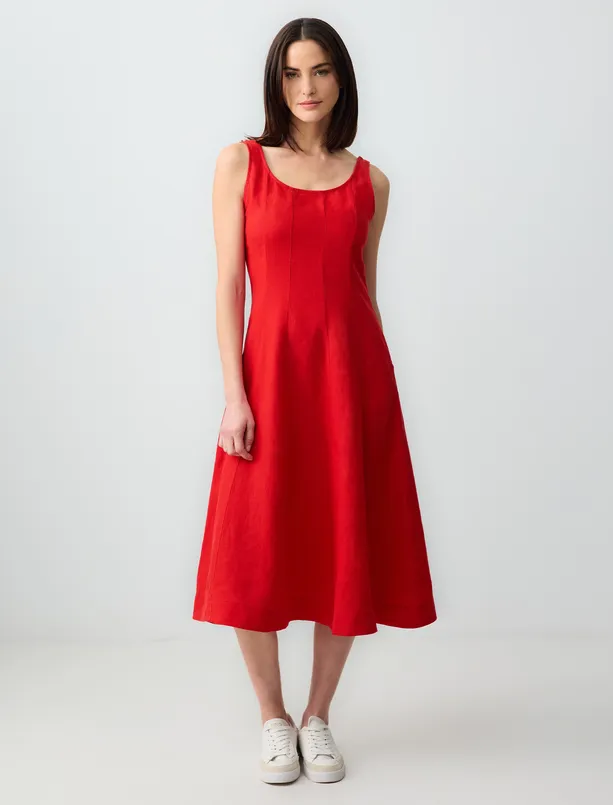 Women Red 100% Linen U Neck Sleeveless Midi Dress