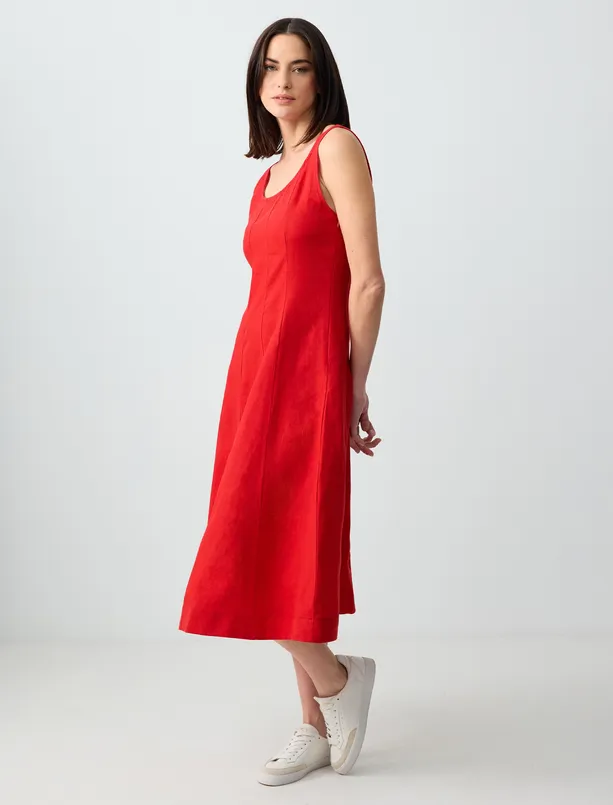 Women Red 100% Linen U Neck Sleeveless Midi Dress