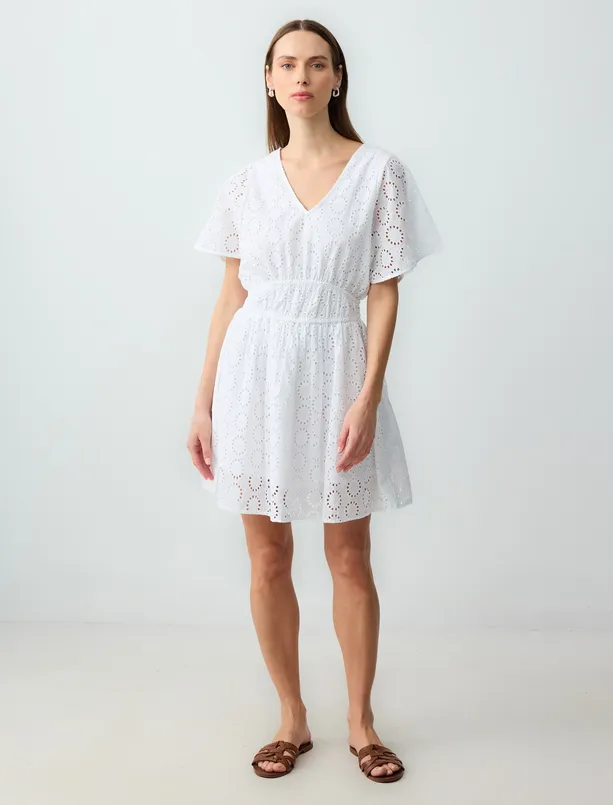 Women White V Neck Openwork Short Sleeve Cotton Mini Woven Dress