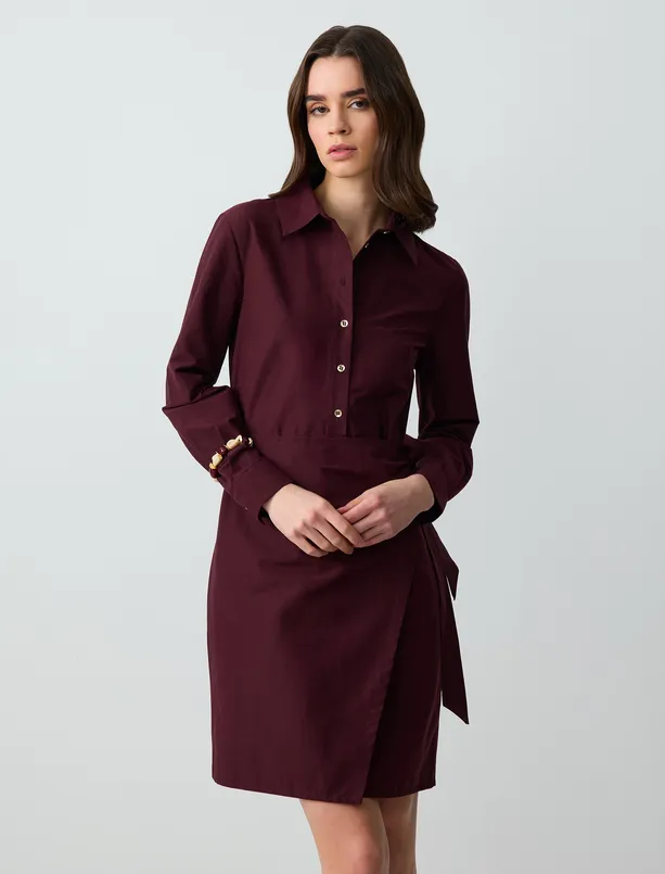 Women Claret Red Long Sleeve Shirt Collar Woven Mini Dress