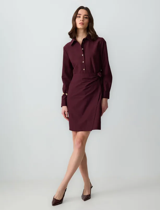 Women Claret Red Long Sleeve Shirt Collar Woven Mini Dress