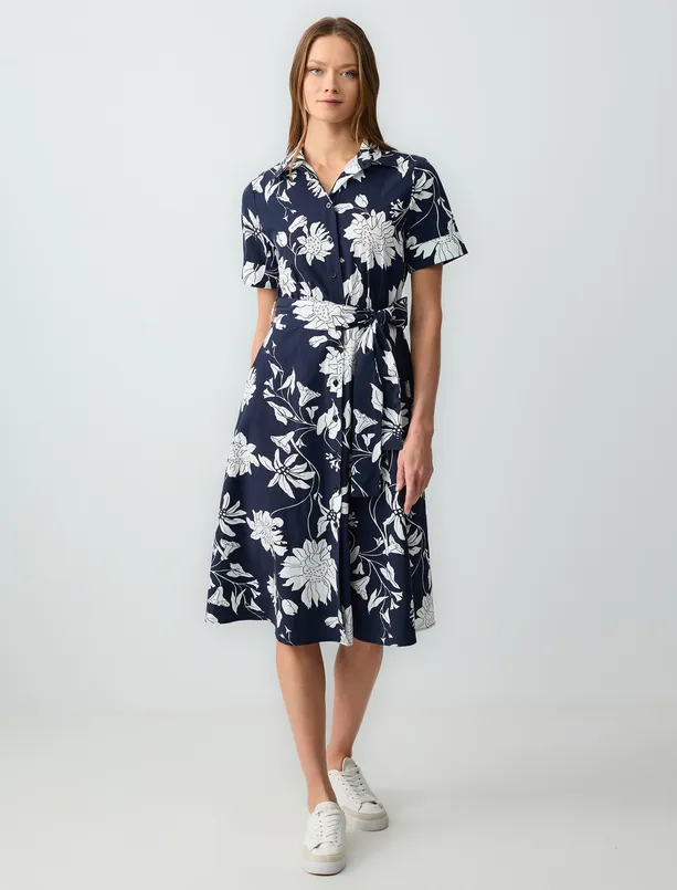 Women Dark Blue Relaxed Fit Shirt Collar Short Sleeve Patterned Midi Dress