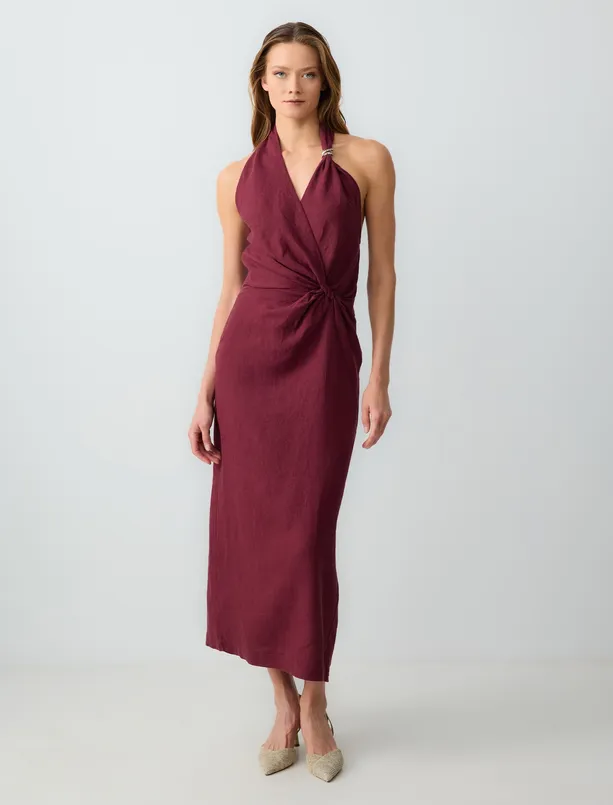 Women Claret Red Slim Fitted Sleeveless Linen Midi Dress