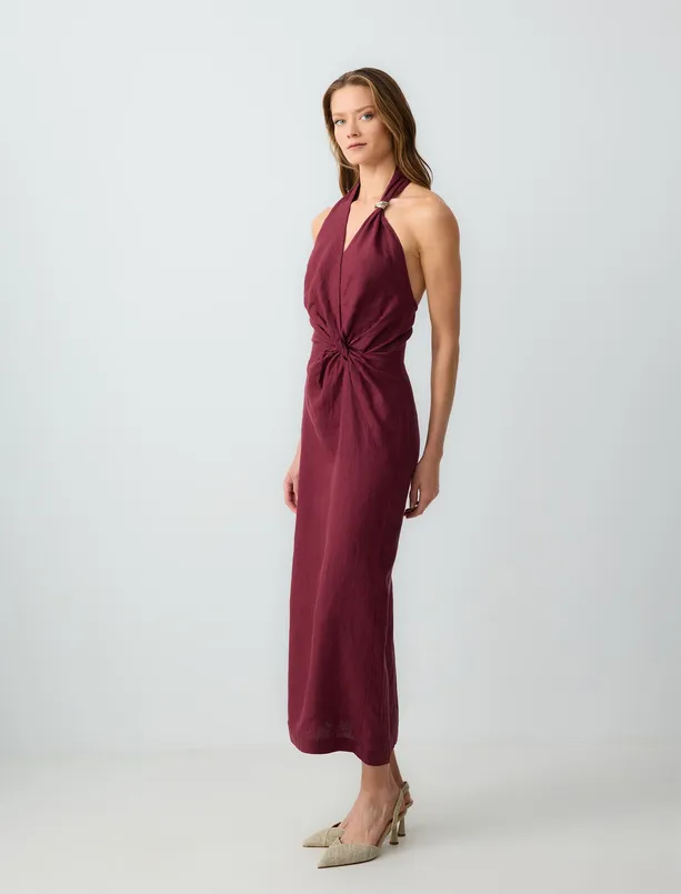 Women Claret Red Slim Fitted Sleeveless Linen Midi Dress