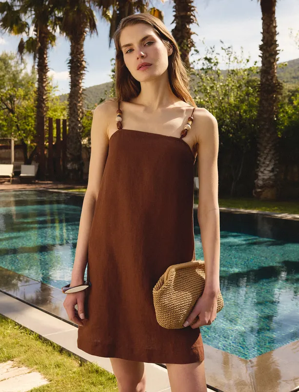 Women  100% Linen Straight Cut Bead Detailed Strappy Mini Dress