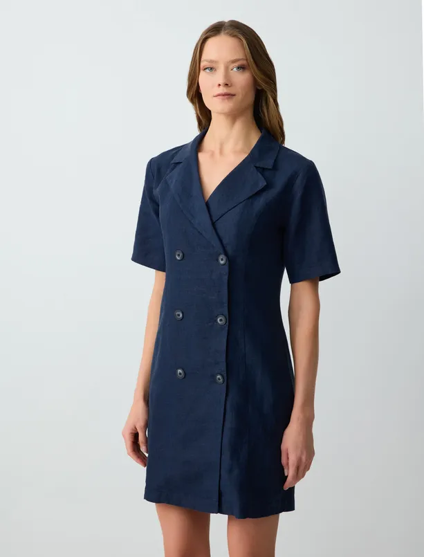 Women Dark Blue Short Sleeve Button Detailed Jacket Collar Linen Mini Dress