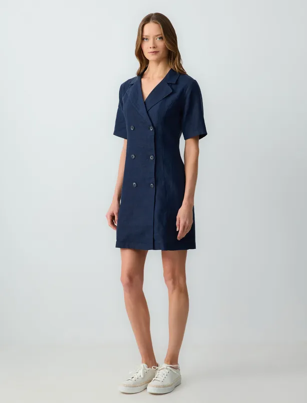 Women Dark Blue Short Sleeve Button Detailed Jacket Collar Linen Mini Dress