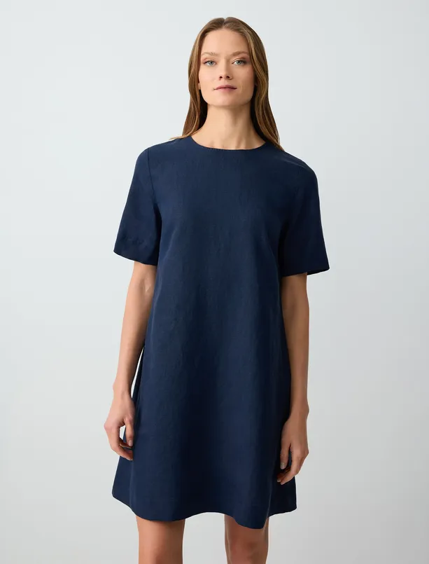 Women Dark Blue Round Neck Short Sleeve Linen Mini Dress