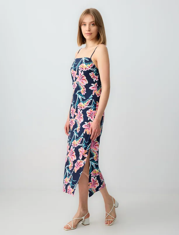 Women Pink Floral Patterned Strappy Linen Midi Dress