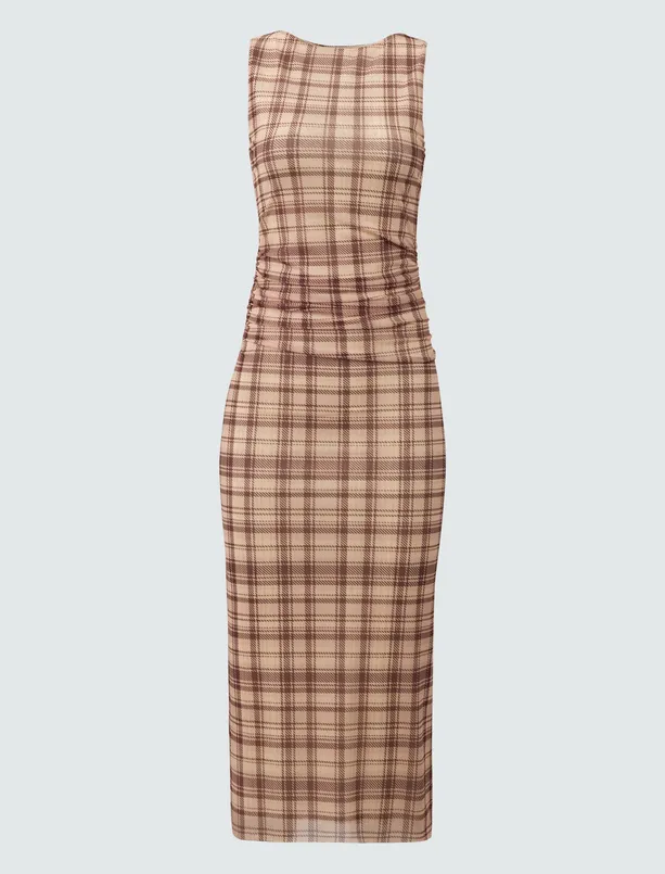 Women Beige Slim Fit Round Neck Sleeveless Plaid Patterned Mesh Knitted Dress