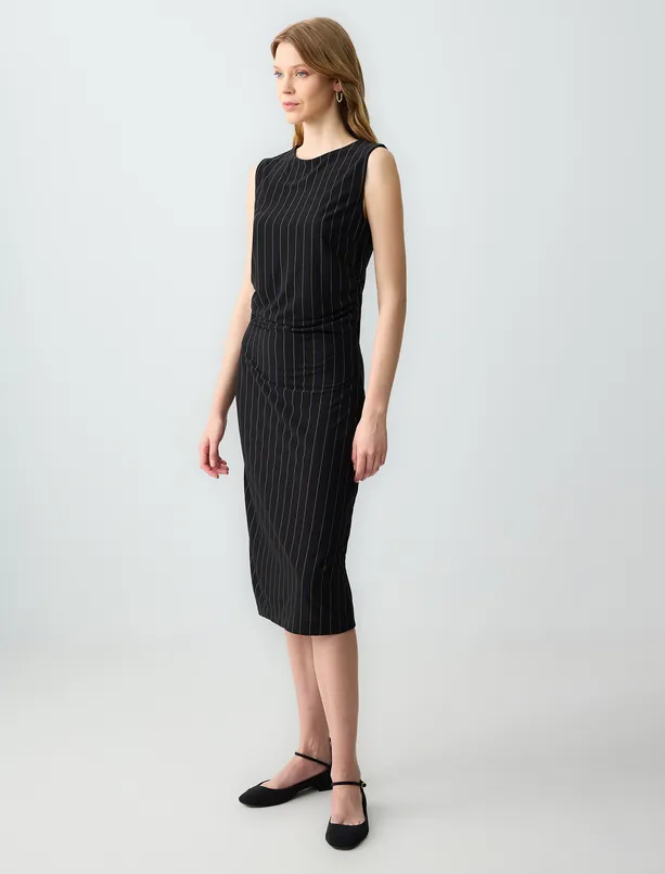 Women Black Crew Neck Sleeveless Patterned Knitted Midi Dress