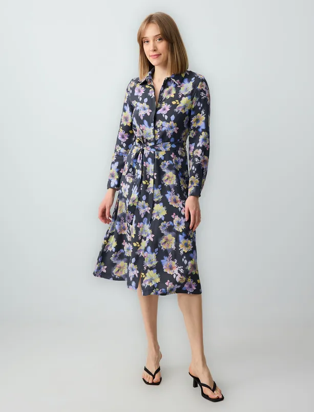 Women Dark Blue Floral Patterned Shirt Collar Long Sleeve Woven Midi Dress