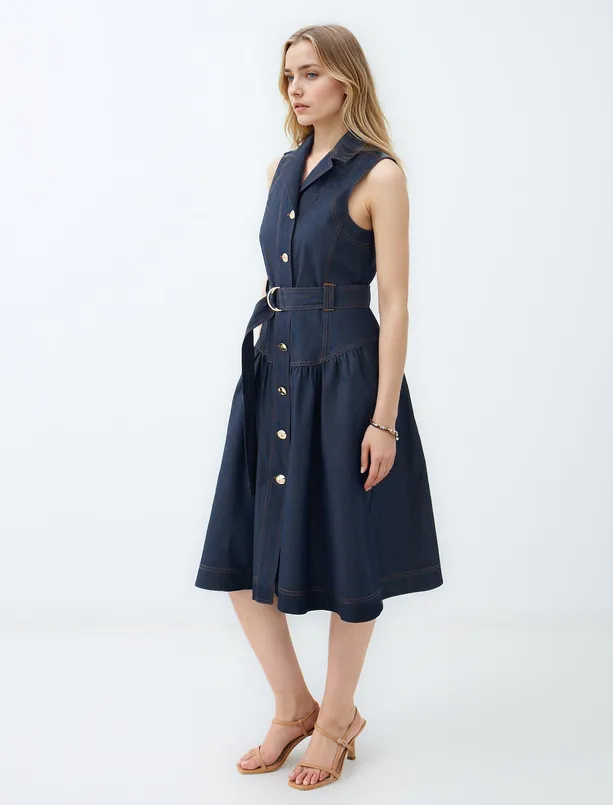 Women Dark Blue Sleeveless Midi Dress with Double-breasted Collar and Belt Detail