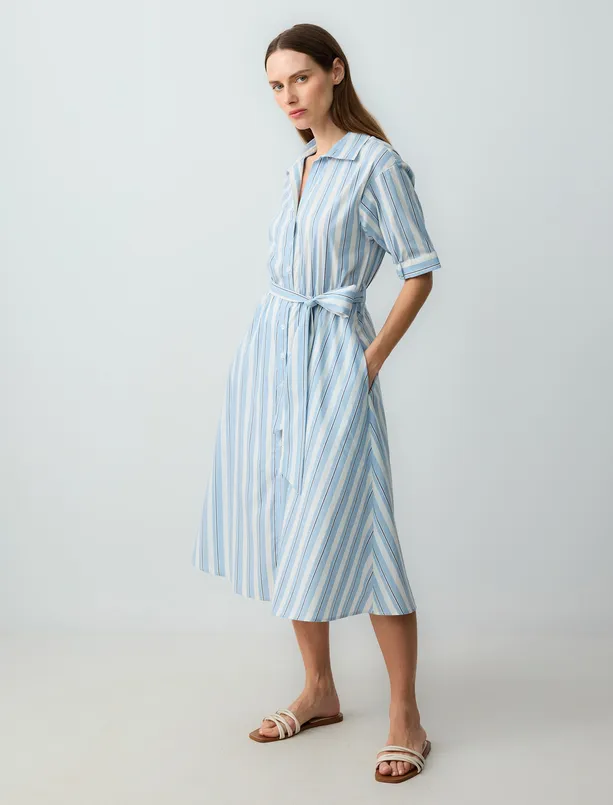 Women Blue Shirt Collar Elbow Sleeve Striped Midi Woven Dress