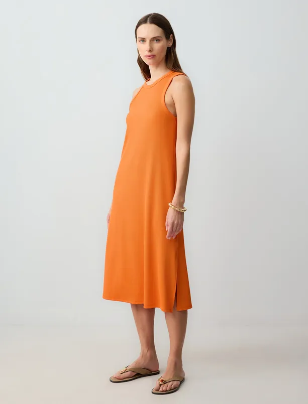 Women Orange Relaxed Fit Sleeveless Crew-Neck Knitted Midi Dress