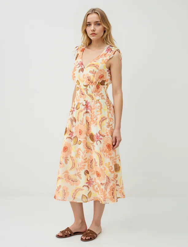 Women Yellow Floral Patterned V-Neck Sleeveless Midi Dress