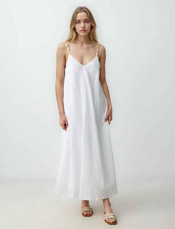 Women Ecru Relaxed Fit Straps V-Neck Long Dress