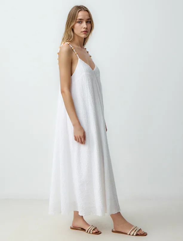 Women Ecru Relaxed Fit Straps V-Neck Long Dress
