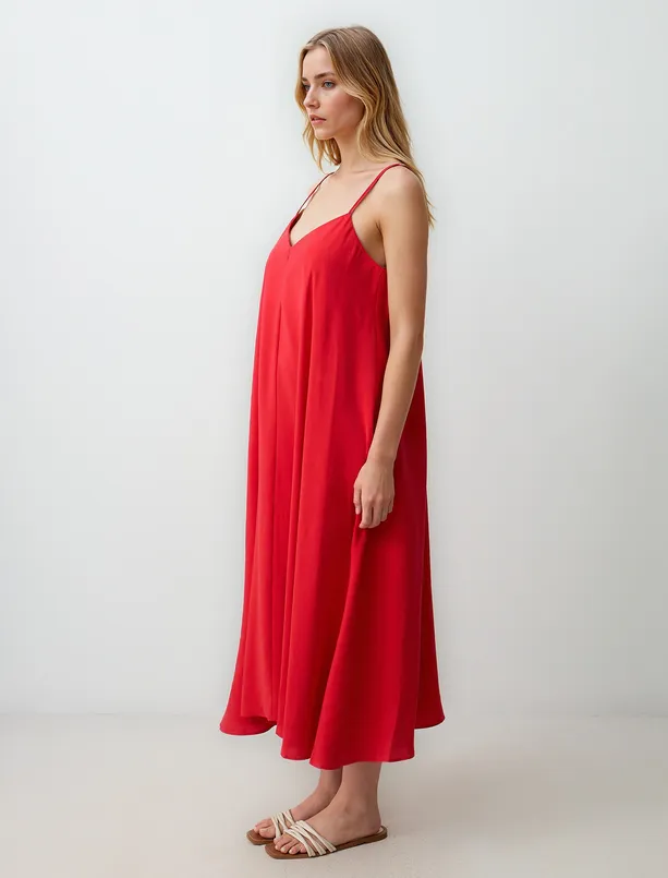 Women Red Relaxed Fit V-Neck Strappy Woven Midi Dress