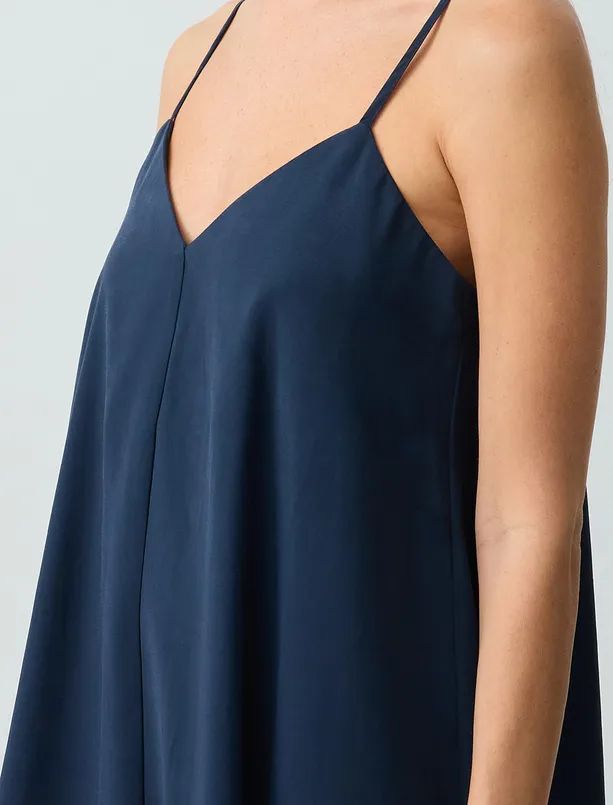 Women Dark Blue Relaxed Fit V-Neck Strappy Woven Midi Dress