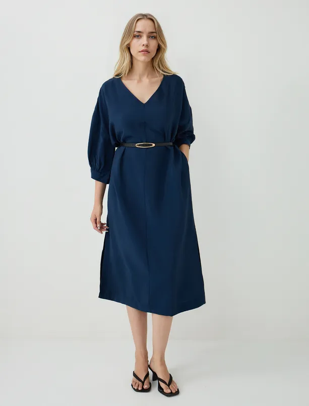Women  V Neck Truvakar Sleeve Woven Midi Dress