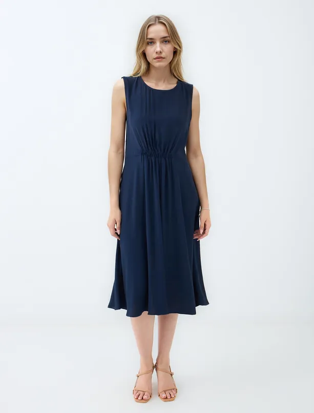 Women Dark Blue Round Neck Sleeveless Woven Midi Dress