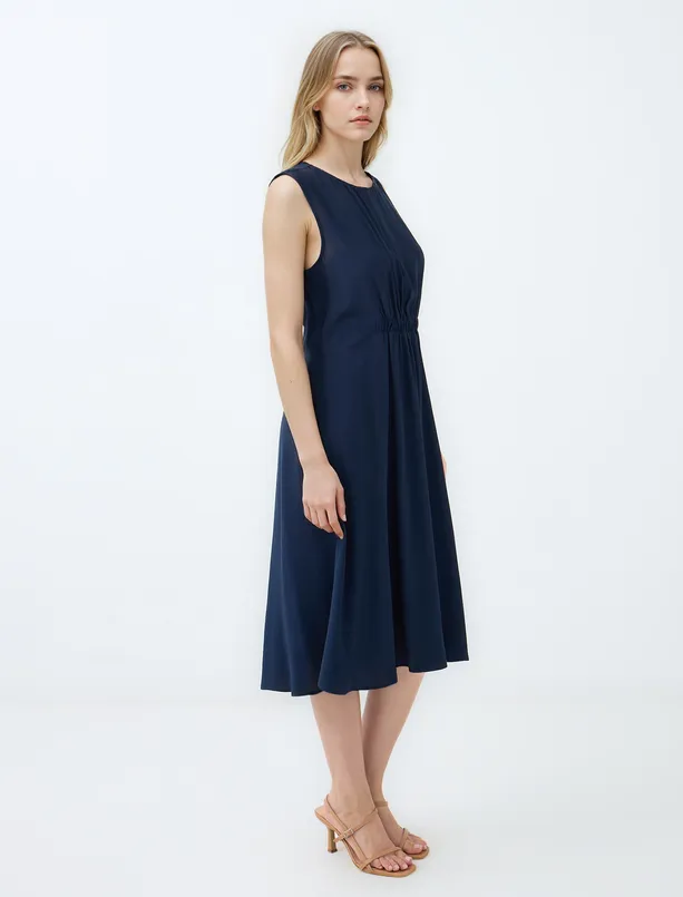 Women Dark Blue Round Neck Sleeveless Woven Midi Dress