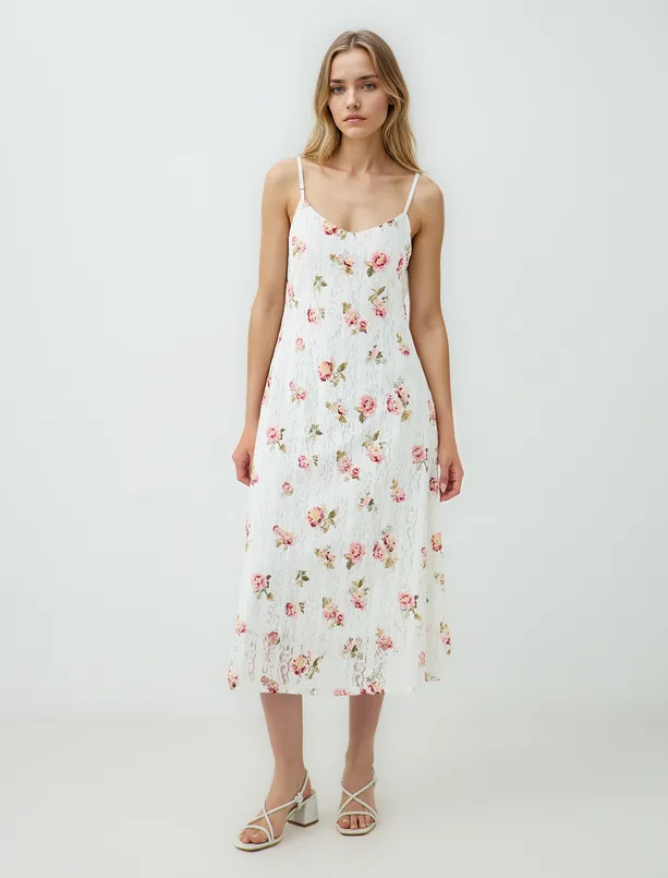 Women  Strappy V-Neck Floral Patterned Knitted Midi Dress
