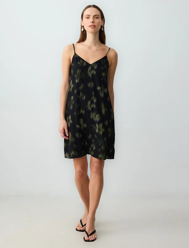 Women Black Relaxed Cut Straps V-Neck Patterned Woven Mini Dress